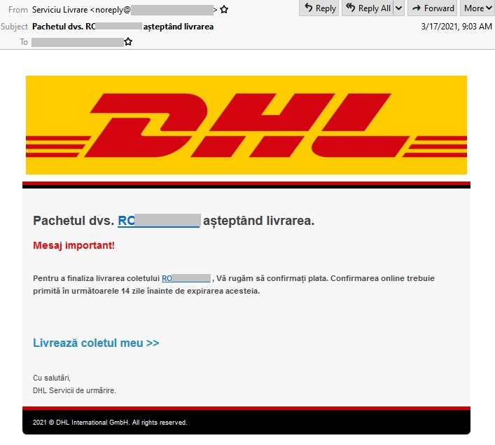 Campanie frauduloasă care imită serviciile de curierat ale DHL, descoperită de Directoratul Naţional pentru Securitate Cibernetică
