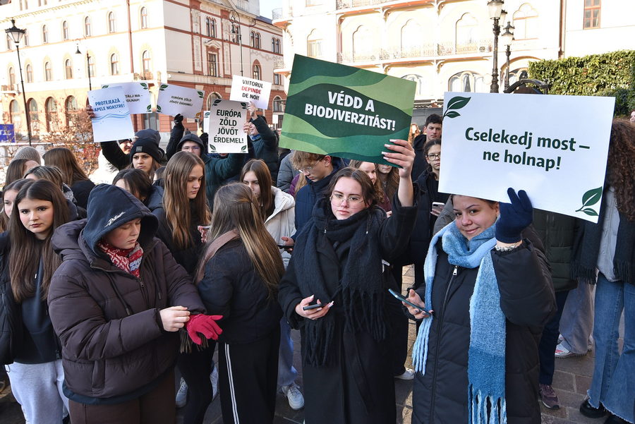 Opriți poluarea! Peste 200 de elevi din Oradea au ieșit în stradă la -8 grade Celsius pentru revendicări ecologiste / Au strigat sloganuri în maghiară și în română