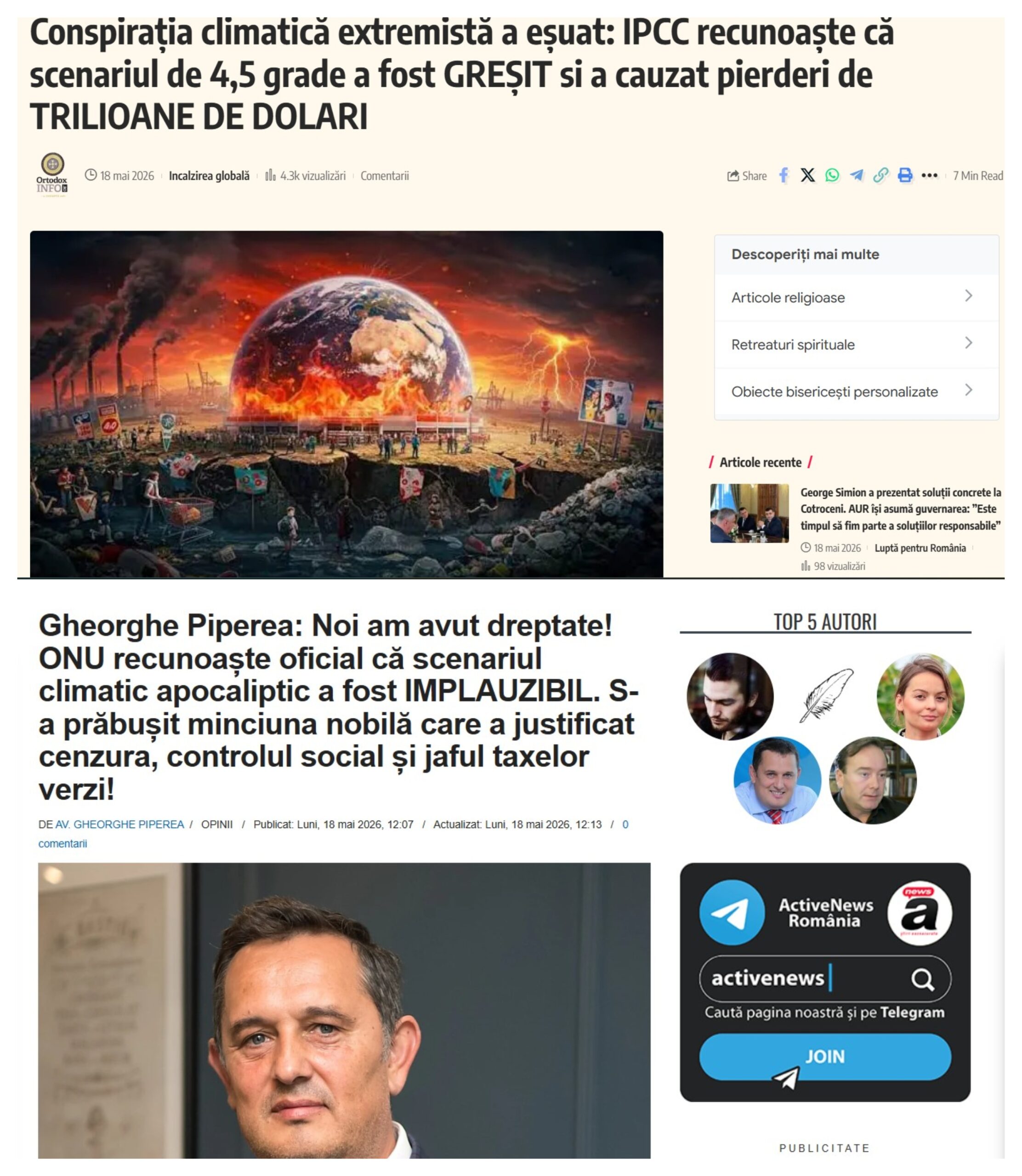 Postare virală a europarlamentarului partidului extremist AUR Gheorghe Piperea, care a răstălmăcit rezultatele unui studiu climatic pentru a ataca Occidentul și politice UE de protecție a mediului