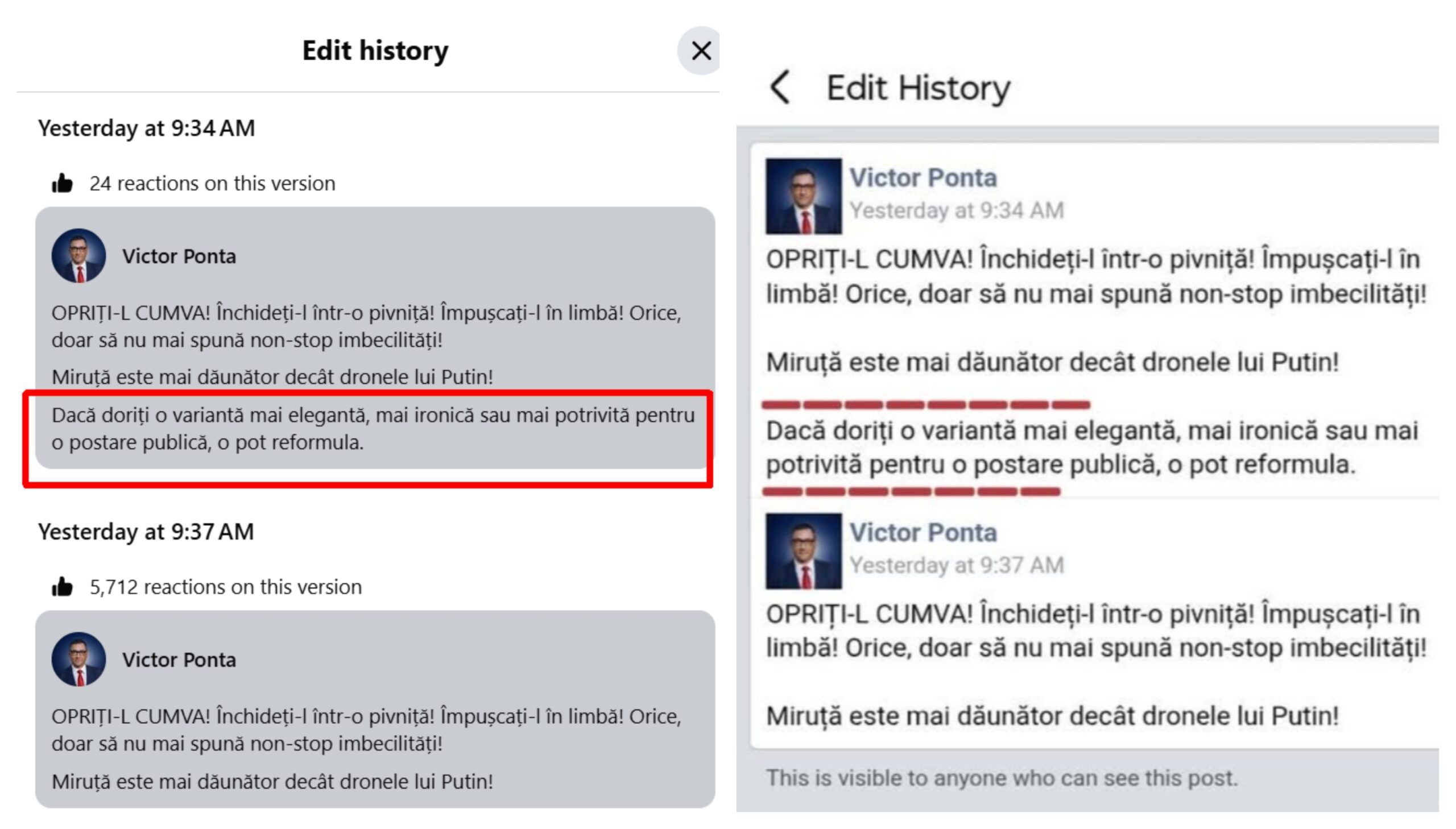 Victor Ponta îl înjură pe Facebook pe Radu Miruță cu ajutorul Inteligenței Artificiale / L-a dat de gol istoricul editărilor și și-a dat seama de gafă după trei minute