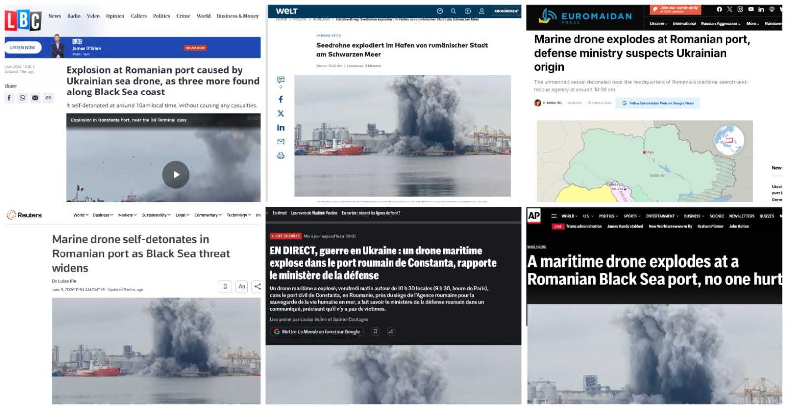 Explozia dronei din Portul Constanța, articol principal în mari publicații internaționale, în regim de live: “Amenințarea de la Marea Neagră se amplifică”/ “Al doilea incident într-o săptămână”/ “O consecință directă a războiului Rusiei împotriva Ucrainei”