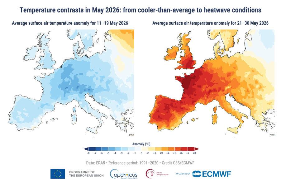 Copernicus: Mai 2026, a doua cea mai caldă lună mai înregistrată la nivel global. Europa de Vest a trecut de la frig la un val de căldură extremă, cu temperaturi resimțite de până la 40°C