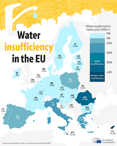 Insuficiența de apă în UE, 2023, date Agenția Europeană de Mediu (EEA)