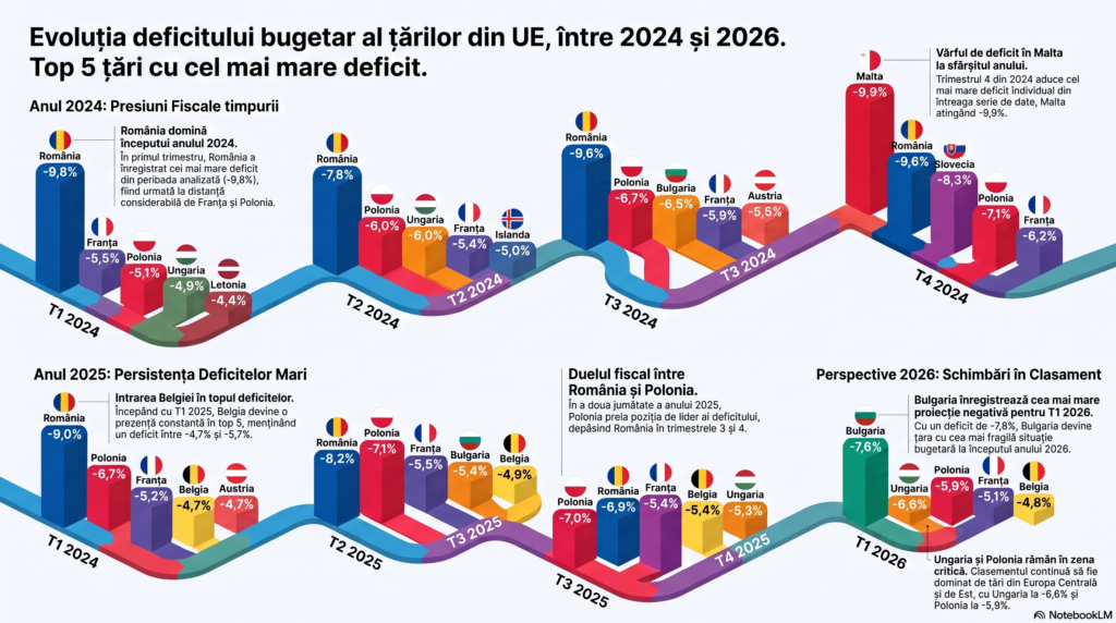 Scădere rapidă a deficitului bugetar al României / După doi ani și jumătate în care a înregistrat cel mai mare deficit din UE, România a ajuns în primul trimestru din 2026 aproape de media europeană, la egalitate cu Germania