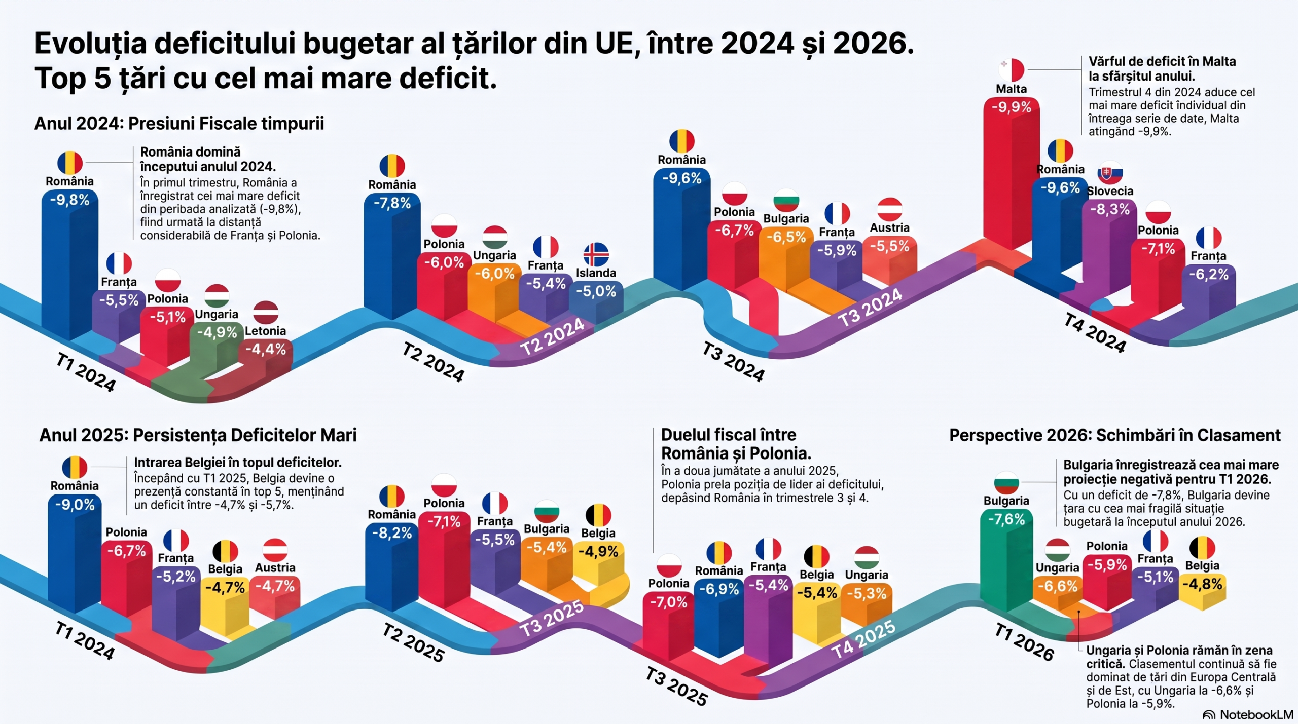Scădere rapidă a deficitului bugetar al României / După doi ani și jumătate în care a înregistrat cel mai mare deficit din UE, România a ajuns în primul trimestru din 2026 aproape de media europeană, la egalitate cu Germania