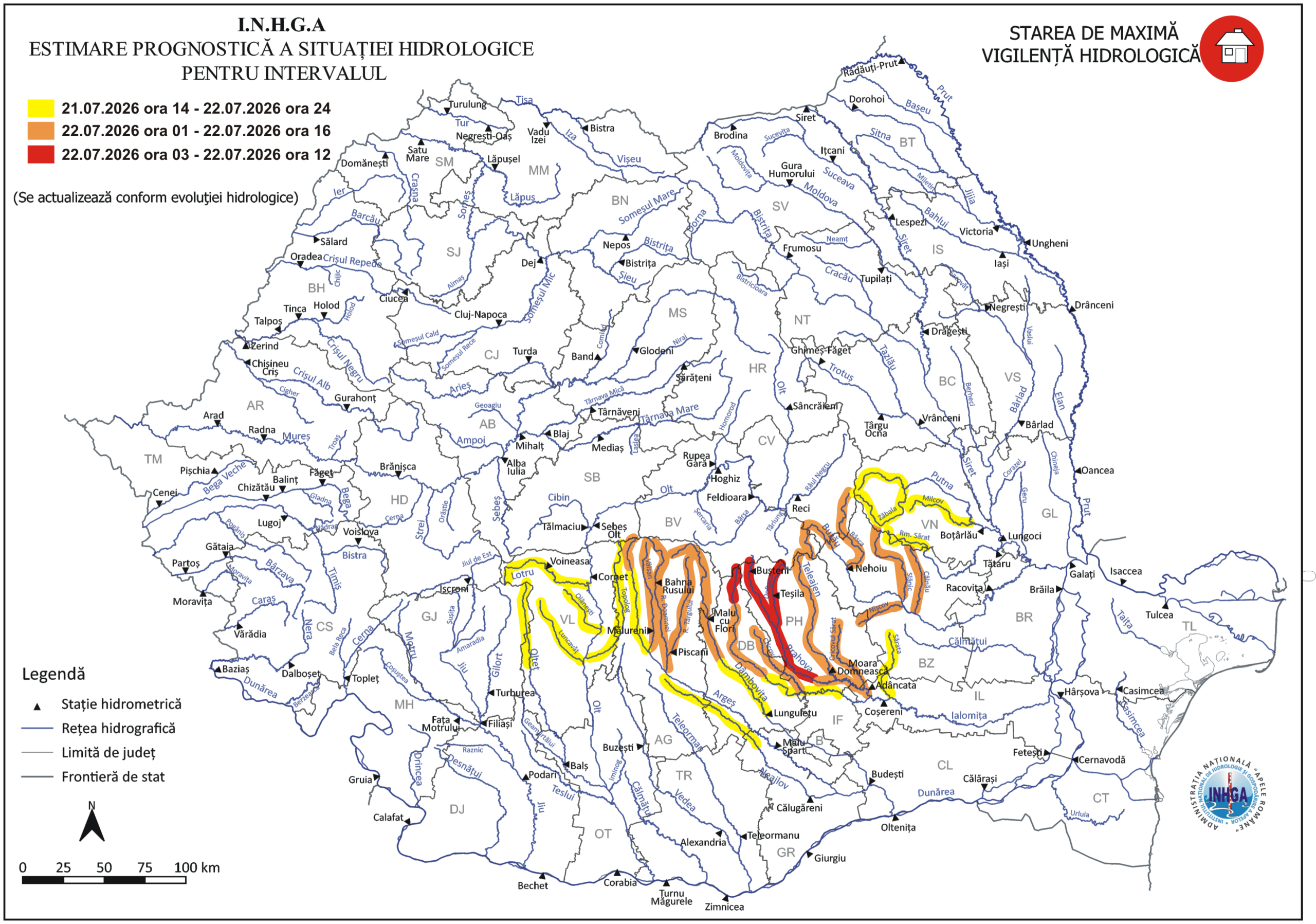 Cod Roșu de inundații și viituri rapide în Dâmbovița și Prahova / Avertizare hidrologică în mai multe zone din țară