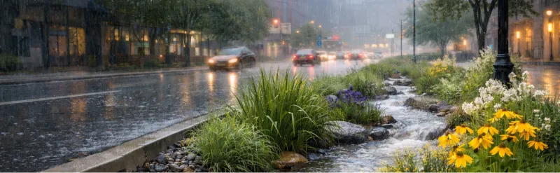 FOTO | „Orașele-burete”, soluția care ar putea proteja Bucureștiul de furtuni și inundații: „Canalizarea nu mai este dimensionată pentru extremele climatice” / Dan Rădulescu: Trebuie să înlocuim treptat infrastructura gri cu cea verde