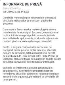 comunicat STB, linia 41, furtuna bucuresti