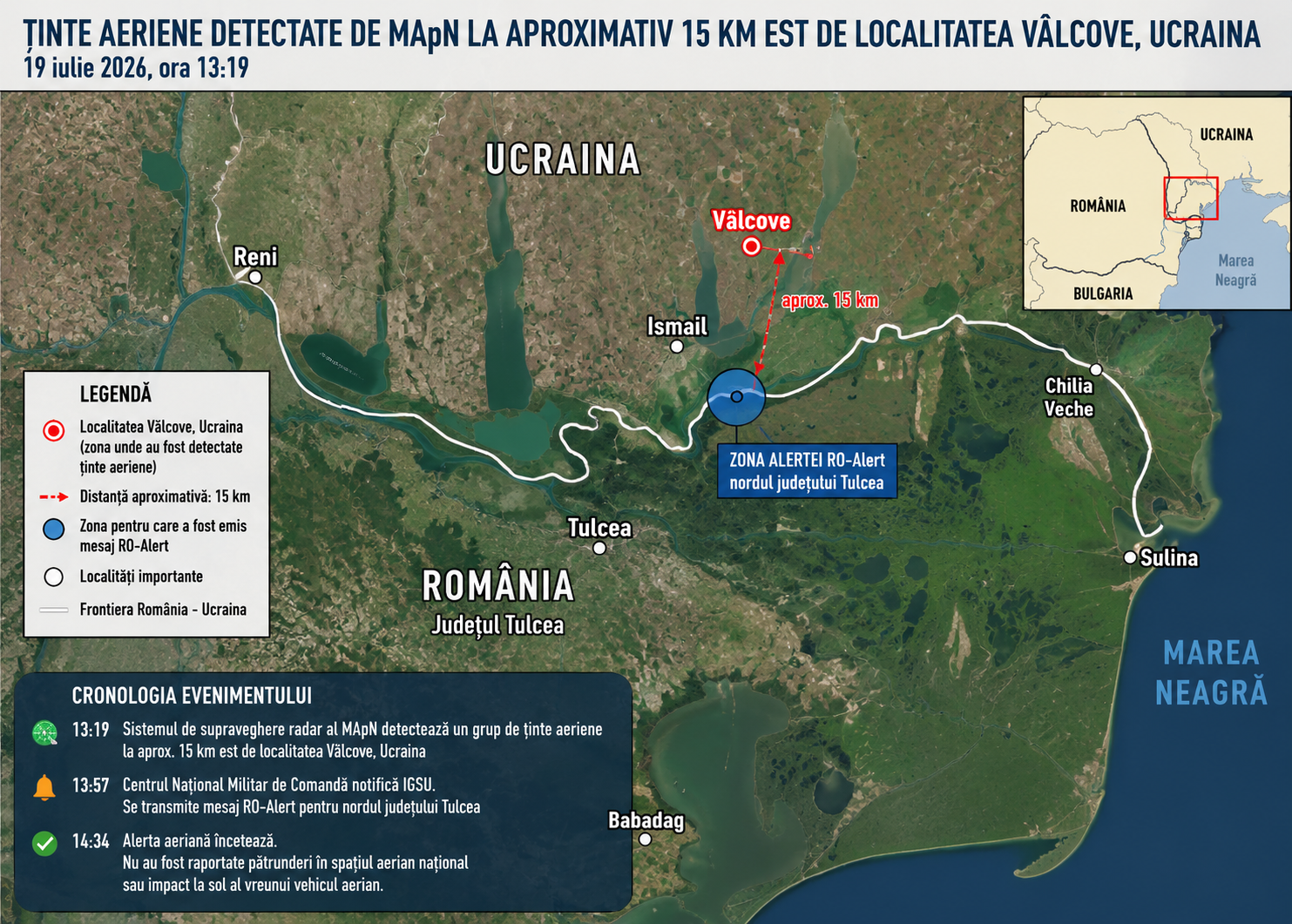 MApN: Alertă aeriană în nordul județului Tulcea după detectarea unor ținte aeriene în apropierea graniței cu Ucraina / Nu au fost înregistrate încălcări ale spațiului aerian românesc