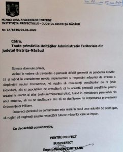 Foto: adresa Prefecturii Bistrița Năsăud către primăriile din județ; Sursa: Facebook/Ioan Strugari