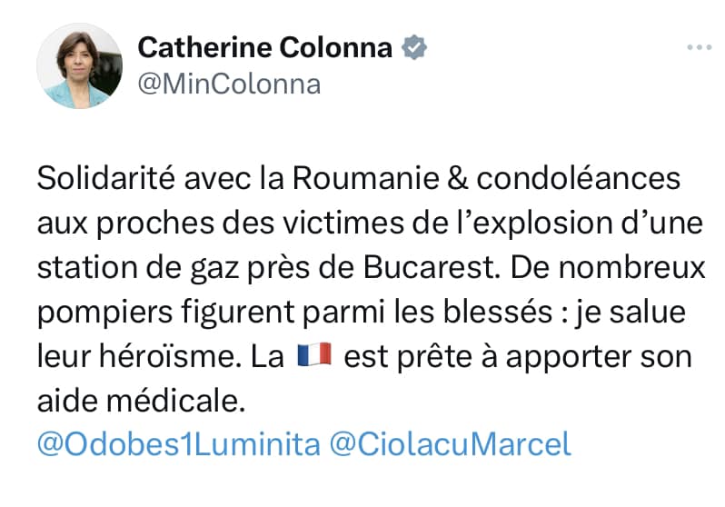 Catherine Colonna, mesaj solidaritate, explozie Crevedia