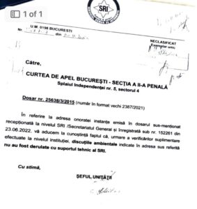 Adresa SRI din 18 iulie 2022/ Sursa: Dosarul lui Marian Vanghelie de la CAB