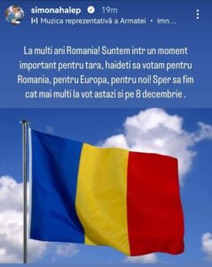 Mesajul Simonei Halep în ziua alegerilor parlamentare din România / Sursa foto: captură Instagram