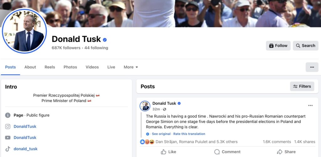postare donald tusk, postare despre george simion