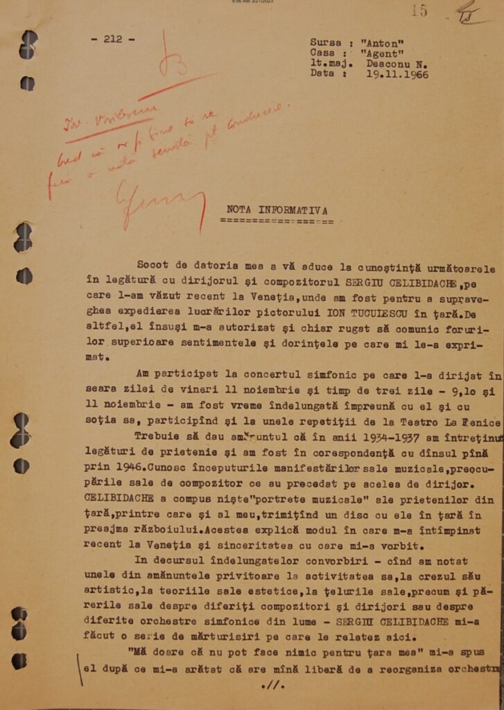 nota informativa despre Sergiu Celibidache, arhiva CNSAS