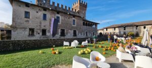 castel medieval decorat de Halloween cu mulți dovleci pe peluză