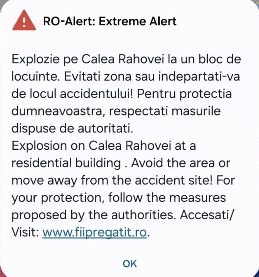 Mesaj Ro-Alert explozie bloc București