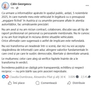 Călin Georgescu, pe Facebook, într-o postare în care susține că nu-l cunoaște pe omul de afaceri Constantin Hanț.